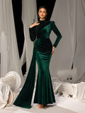 Elegant Velvet Evening Gown with Sequin Detail & Mermaid Silhouette – Luxury Bridal Wear for Weddings or High-End Events, XS-XL
