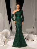 Elegant Glittering Sequin Evening Gown with Asymmetrical Sleeves – One-Shoulder Luxury Evening Wear for Red Carpet, Formal Galas & High-End Events