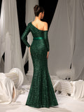 Elegant Glittering Sequin Evening Gown with Asymmetrical Sleeves – One-Shoulder Luxury Evening Wear for Red Carpet, Formal Galas & High-End Events