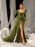 Elegant Velvet Gown with Thigh-High Slit & Puff Sleeves – Luxury Evening Wear for Red Carpet, Gala Dinners & High-End Cocktail Parties, XS-XL