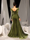 Elegant Velvet Gown with Thigh-High Slit & Puff Sleeves – Luxury Evening Wear for Red Carpet, Gala Dinners & High-End Cocktail Parties, XS-XL