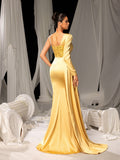 Elegant Satin Formal Dress with High Slit & Sequin Embellishments – Luxurious Evening Wear for Red Carpet, Gala Dinners & Luxury Weddings