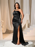 Plus Asymmetric Neckline Satin Mermaid Hem Party Dress Evening Dress Bridesmaids Dress