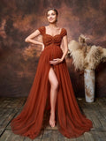 Maternity Sweetheart Neck Cap Sleeves Mesh Overlay Lace Romper Photography Dress