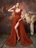 Maternity Sweetheart Neck Cap Sleeves Mesh Overlay Lace Romper Photography Dress