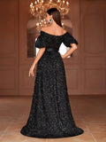 Off Shoulder Puff Sleeves Sequin A Line Dresses - Elonnashop