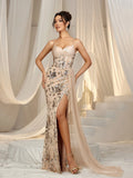 Elegant Corset Bodice Tulle Draped Side Floral Sequin Slip Party Dress