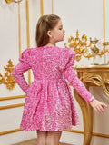 Tween Girls' Gigot Sleeve Bow Decor Sequin Midi Dress - Elonnashop