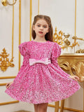 Tween Girls' Gigot Sleeve Bow Decor Sequin Midi Dress - Elonnashop