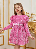 Tween Girls' Gigot Sleeve Bow Decor Sequin Midi Dress - Elonnashop