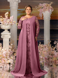 Plus Womens' Elegant Lace Mermaid Gown - Sheer Sleeves & Intricate Lace Patterns with Chiffon Overlay for Beach Weddings, Romantic Coastal Events