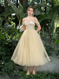 Midi Luxurious Off-Shoulder Gown with Intricate Sequin & Tiered Tulle Skirt – Elegant Dress for Opera Galas, Palace Receptions & VIP Dinners