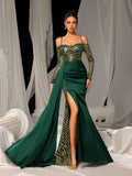 Elegant Evening Gown with Golden Sequin Access – Off-Shoulder Design & High Slit for Luxury Brand Launches or Editorial Fashion Photography, XS-L