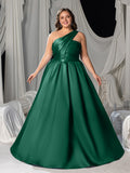 Plus One-Shoulder Satin Gown with Pleated Shoulders, Crisscross Back Straps & Floor-Length Skirt