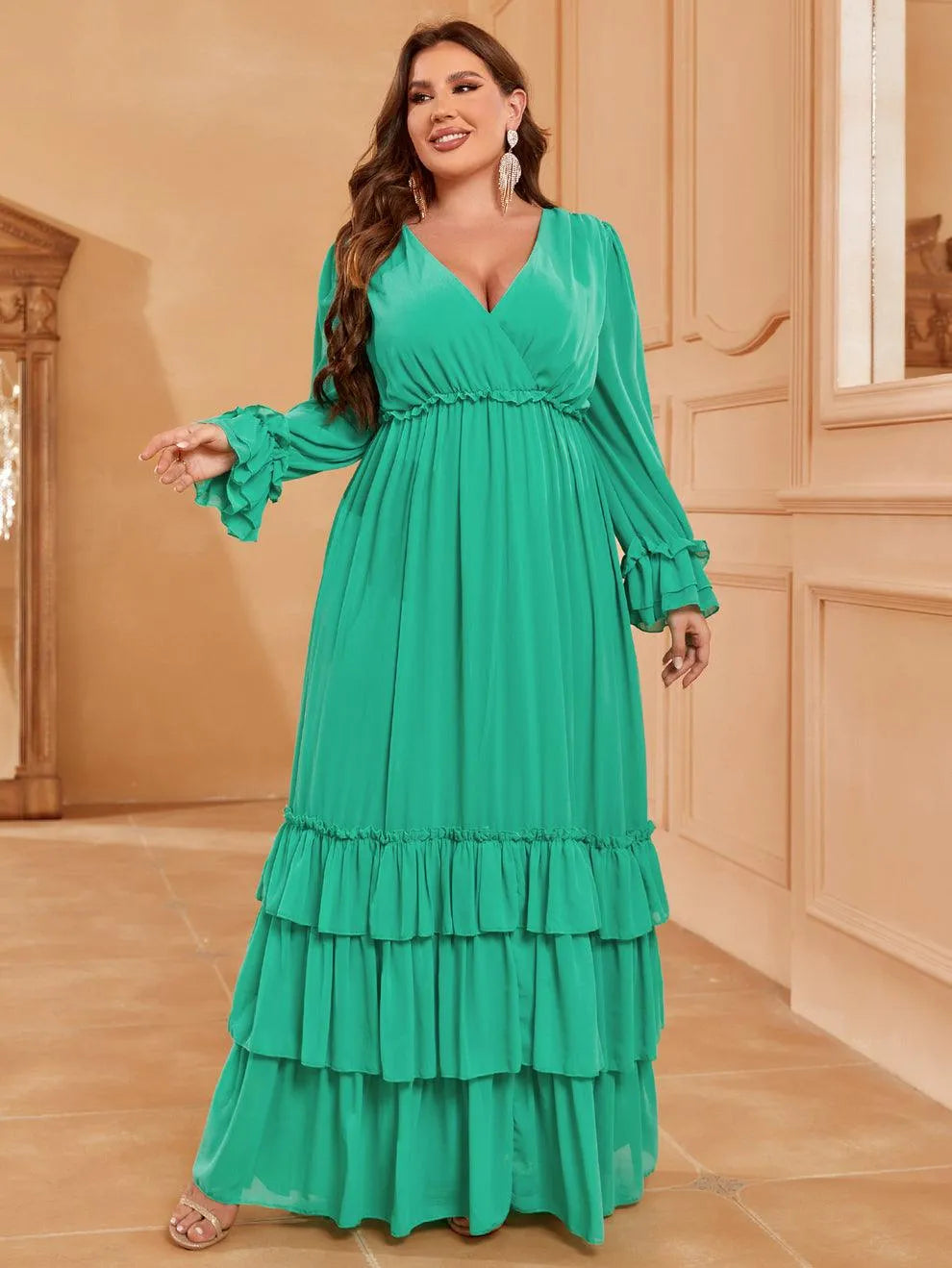 Plus Lantern Sleeve Layered Ruffle Hem Chiffon Dress - Elonnashop