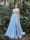 Elegant Applique Detail Bodice Lace-Up Back Tulle Evening Dress - Elonnashop