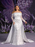 Plus Gorgeous Off Shoulder Sheer Sleeves Mermaid Hem Sequin Wedding Dress with Satin Train