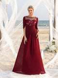 Womens' Elegant Mother of the Bride Gown with Rhinestone Neckline & Floral Appliqué – Floor-Length Chiffon Evening Dress for Formal Galas