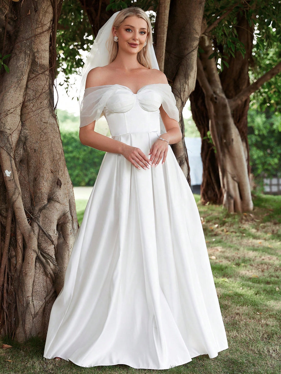 Off Shoulder Ruched Bust Satin Wedding Dress – Faeriesty