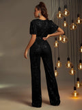 Elegant V Neck Short Sleeve Sequins Jumpsuit - Elonnashop