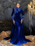 Elegant Velvet High-Neck Formal Dress | Long Sleeve Beaded Evening Gown with Sweep Train