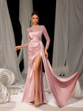Elegant Satin Evening Gown with High Side Slit & Beaded Sequin Sleeves – Luxurious for Art Gallery Openings or Luxury Charity Galas, XS-XL