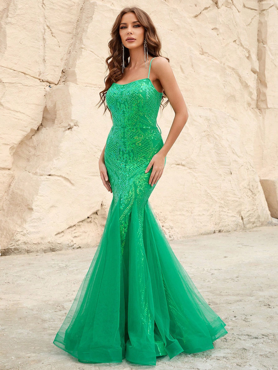 Elegant Spaghetti Strap Mesh Insert Sequin Mermaid Dress Faeriesty