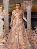 Plus Womens' Elegant V-Neck Evening Gown with Delicate Lace & Silver Embroidery – Long Flowing Skirt for Seaside Weddings & Romantic Beach Events