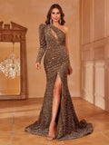 One Shoulder Cut Out Front Split Sequin Mermaid Dress - Elonnashop