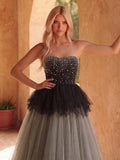 Gorgeous Strapless Rhinestone Embellished Bodice Contrast Tulle Hem Wedding Dress
