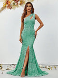 One Shoulder Cut Out Split Thigh Sequin Mermaid Dresses - Elonnashop