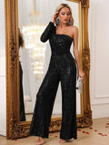 One Shoulder Sequin Long Sleeve Wide Leg Jumpsuit - Elonnashop