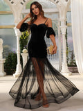 Spaghetti Strap Lantern Sleeves Velvet Mermaid Dresses - Elonnashop