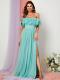 Off Shoulder Ruffle Trim Split Thigh A Line Dress - Elonnashop