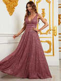 Elegant Deep V Neck Sequin A Line Prom Dresses - Elonnashop