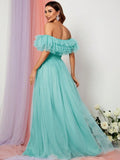 Off Shoulder Ruffle Trim Split Thigh A Line Dress - Elonnashop