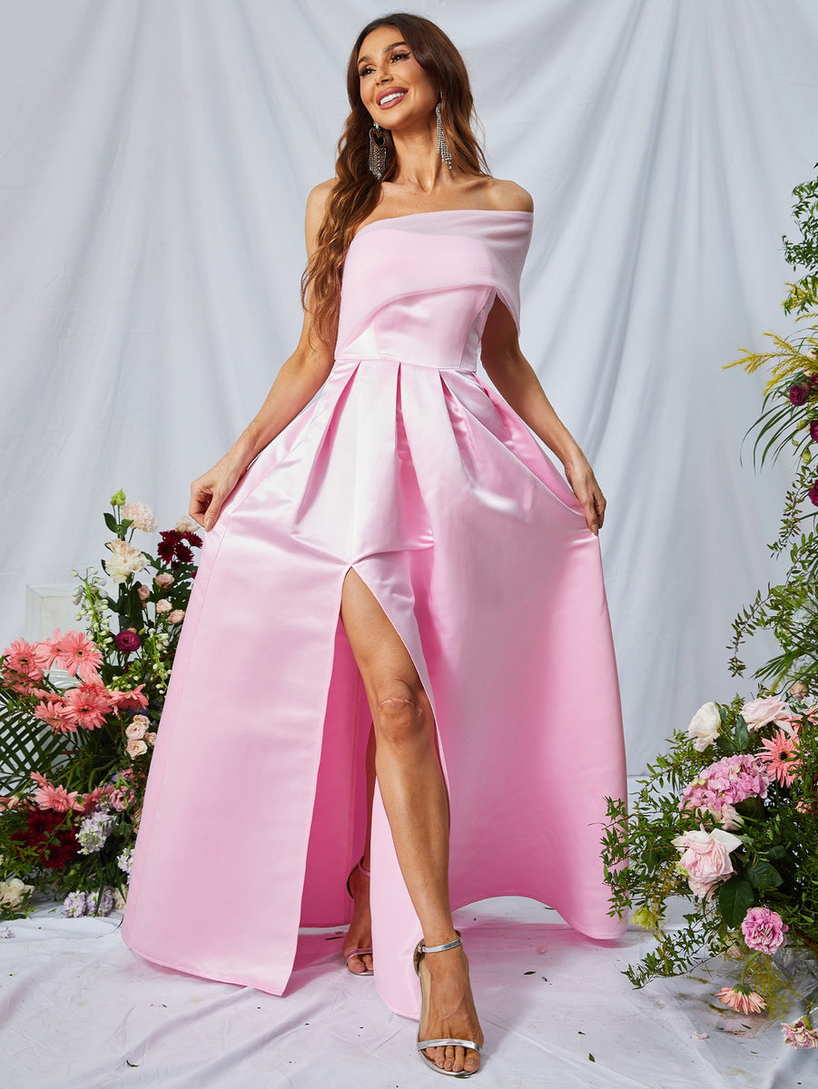 One Shoulder Sleeveless Satin Slit A Line Dresses Faeriesty