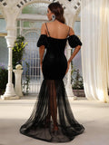 Spaghetti Strap Lantern Sleeves Velvet Mermaid Dresses - Elonnashop