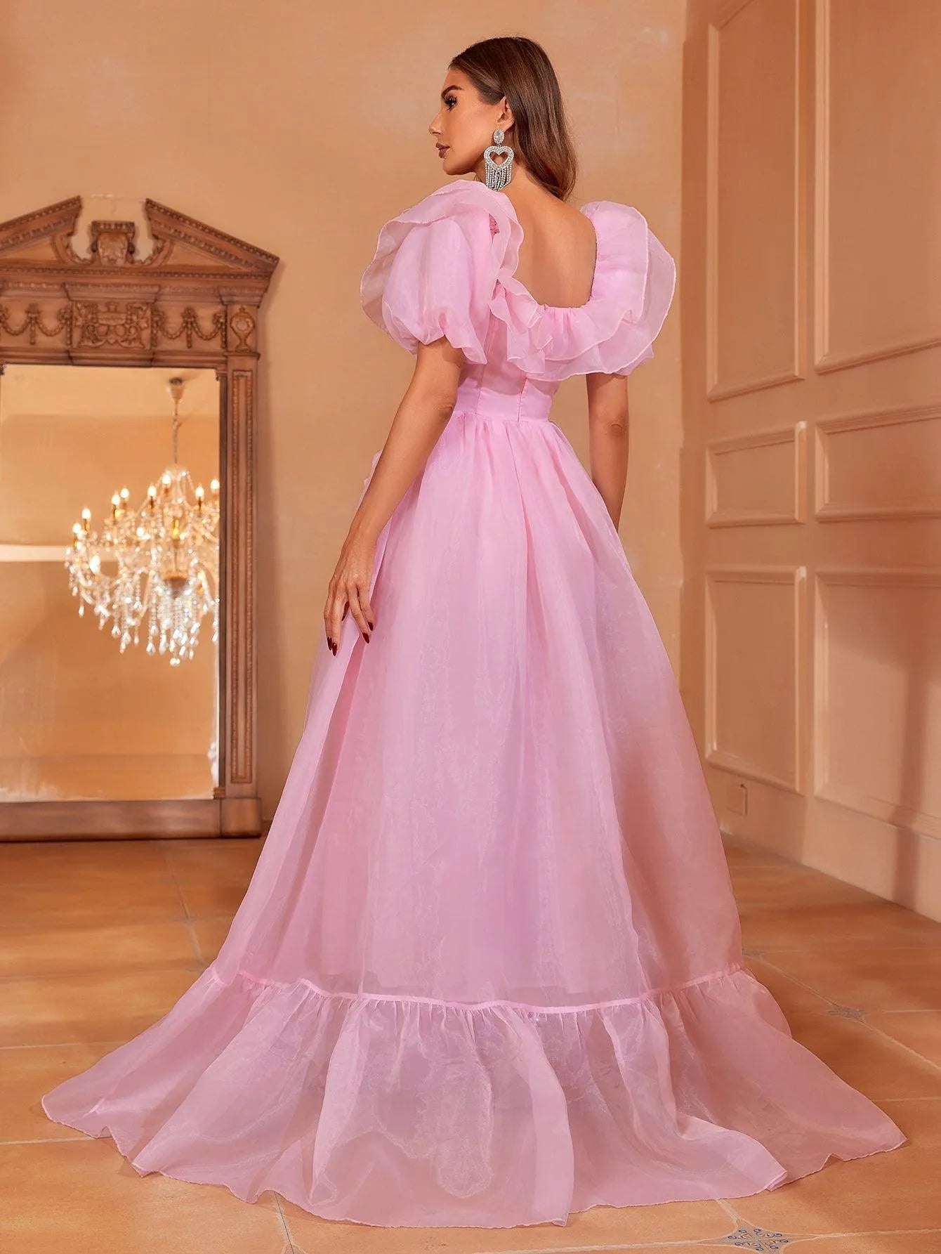 Elegant Ruffle Trim Puff Sleeves Organza Dress