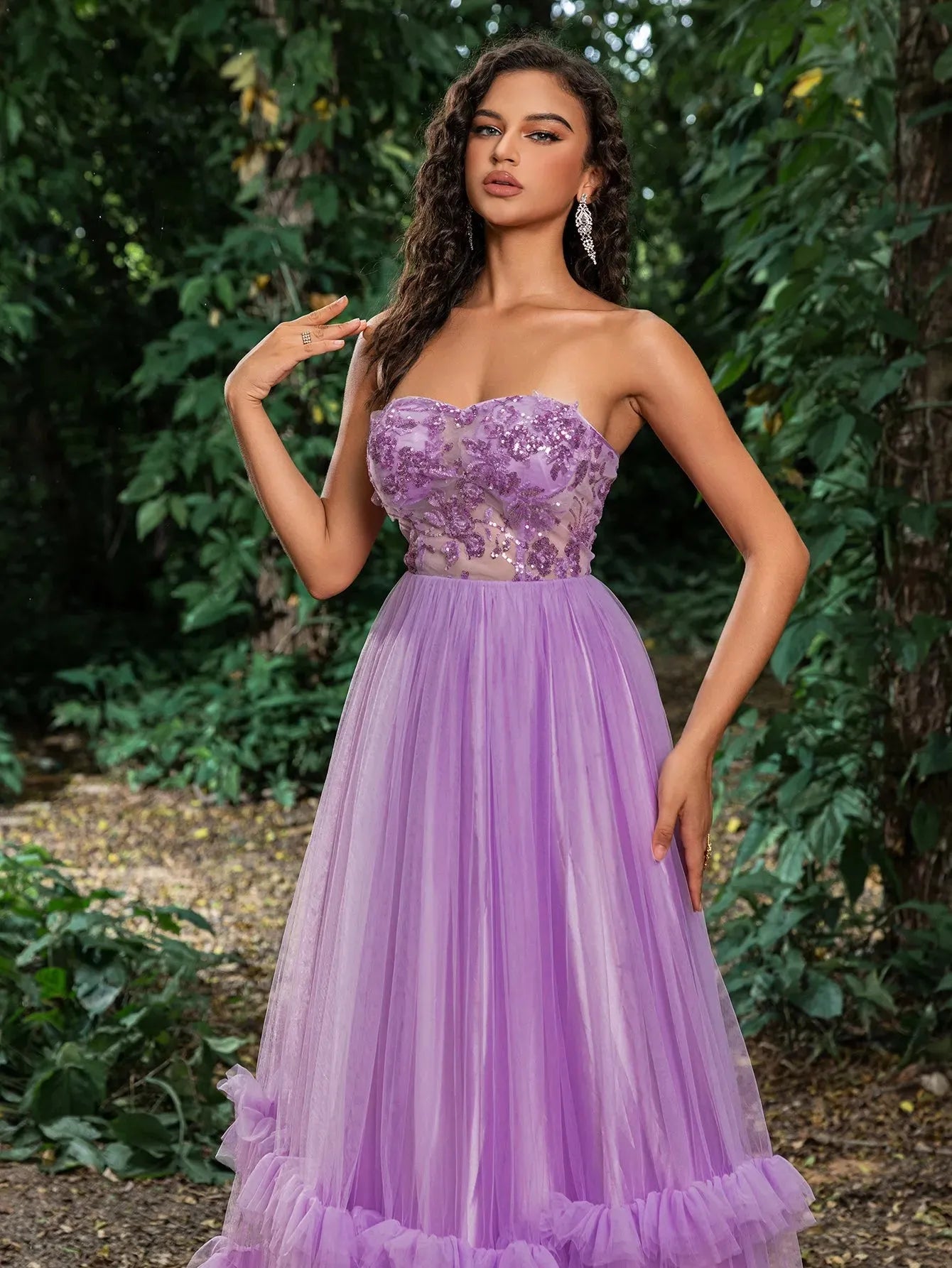 Gorgeous Floral Sequin Bodice Cascading Ruffle Hem Tulle Prom Dress