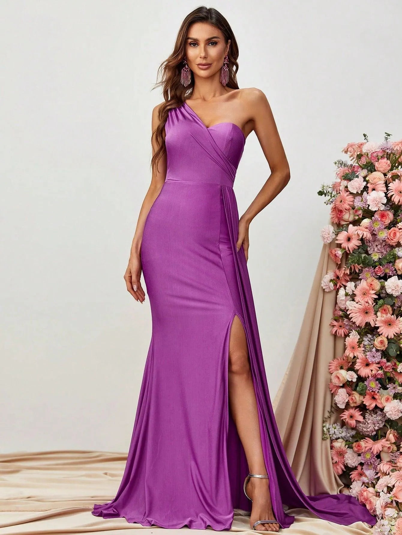 One Shoulder Draped Side Split Thigh Formal Dress