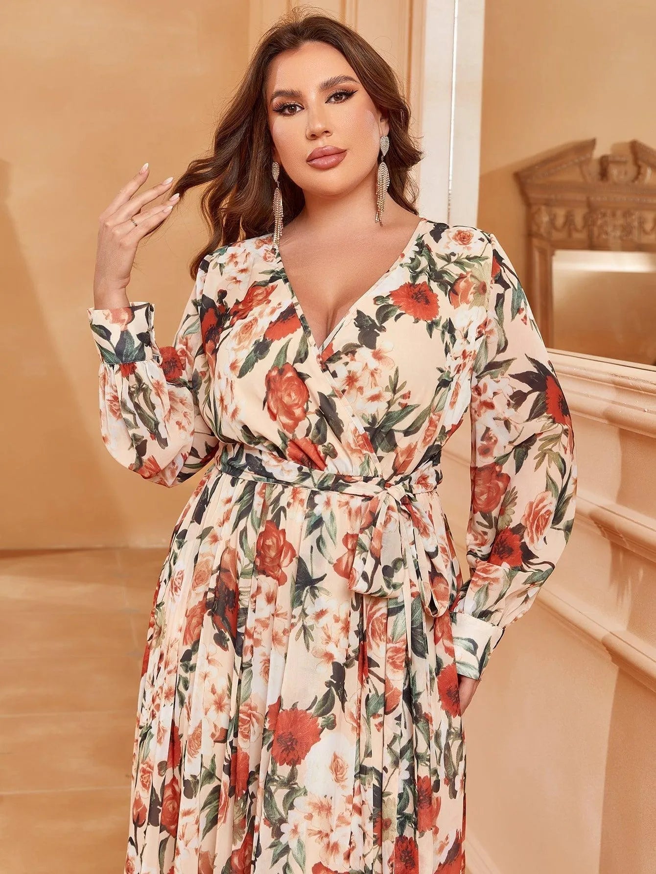 Plus V Neck Long Sleeve Floral Chiffon Belted Dress