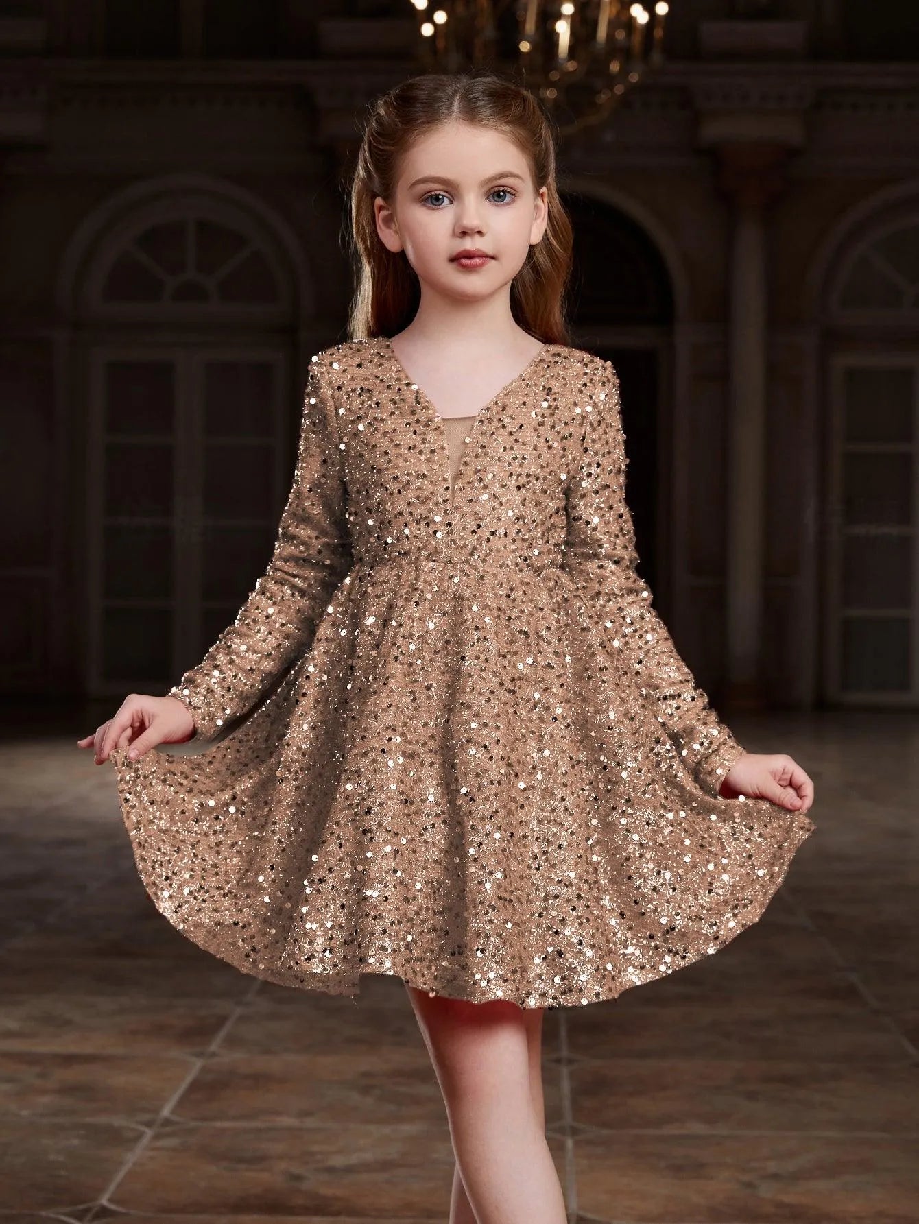 Tween Girls' V Neck Backless Sequin Party Dress