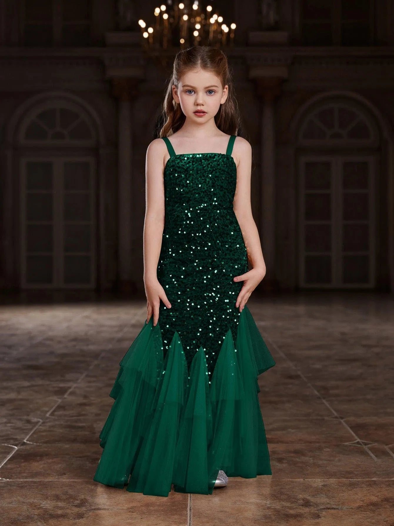 Tween Girls' Sleeveless Mesh Overlay Sequin Mermaid Party Dress