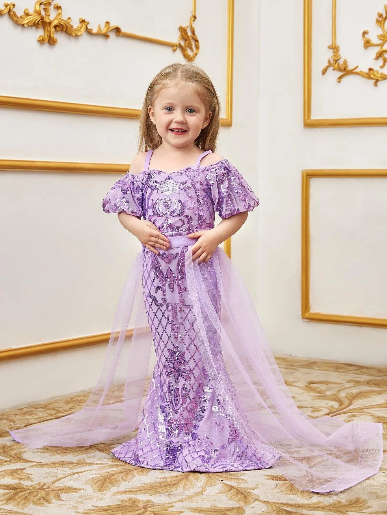 Young Girls' Sweetheart Collar Puff Sleeves Mesh Overlay Sequin Dress