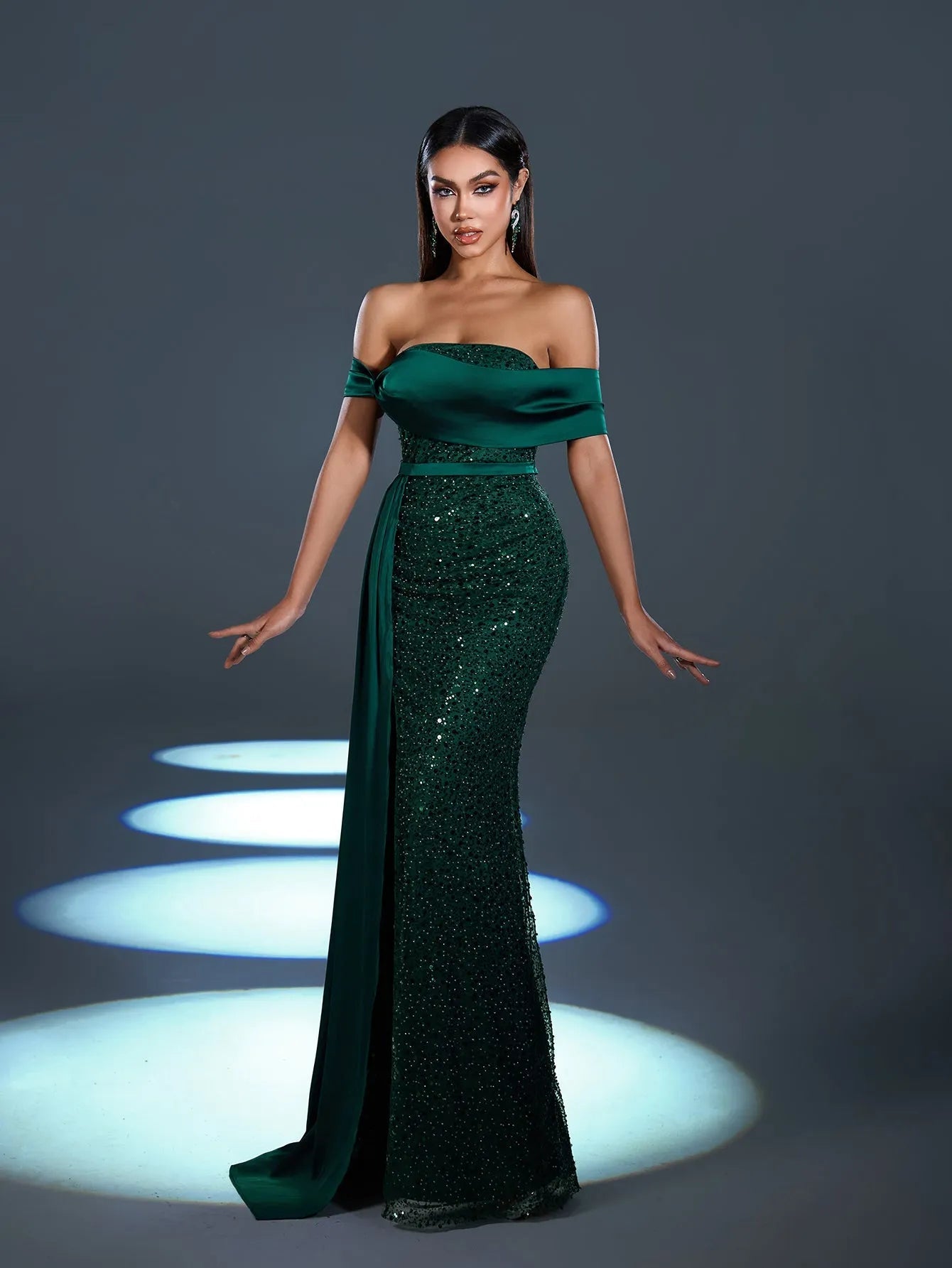 Elegant Off Shoulder Draped Side Split Mermaid Hem Sequin Evening Dress