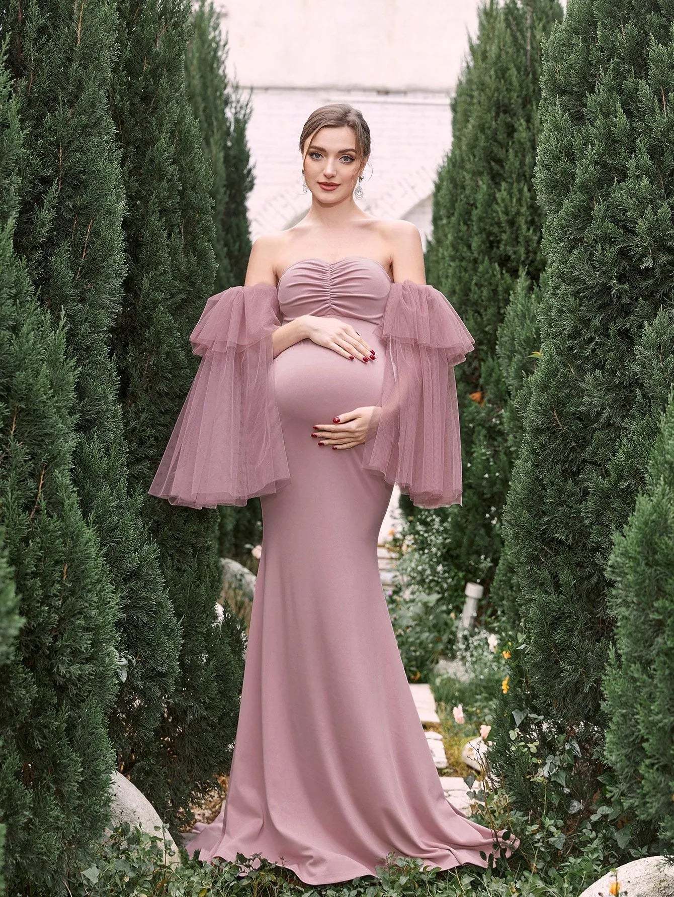 Maternity Mesh Sleeves Mermaid Hem Tube Prom Dress