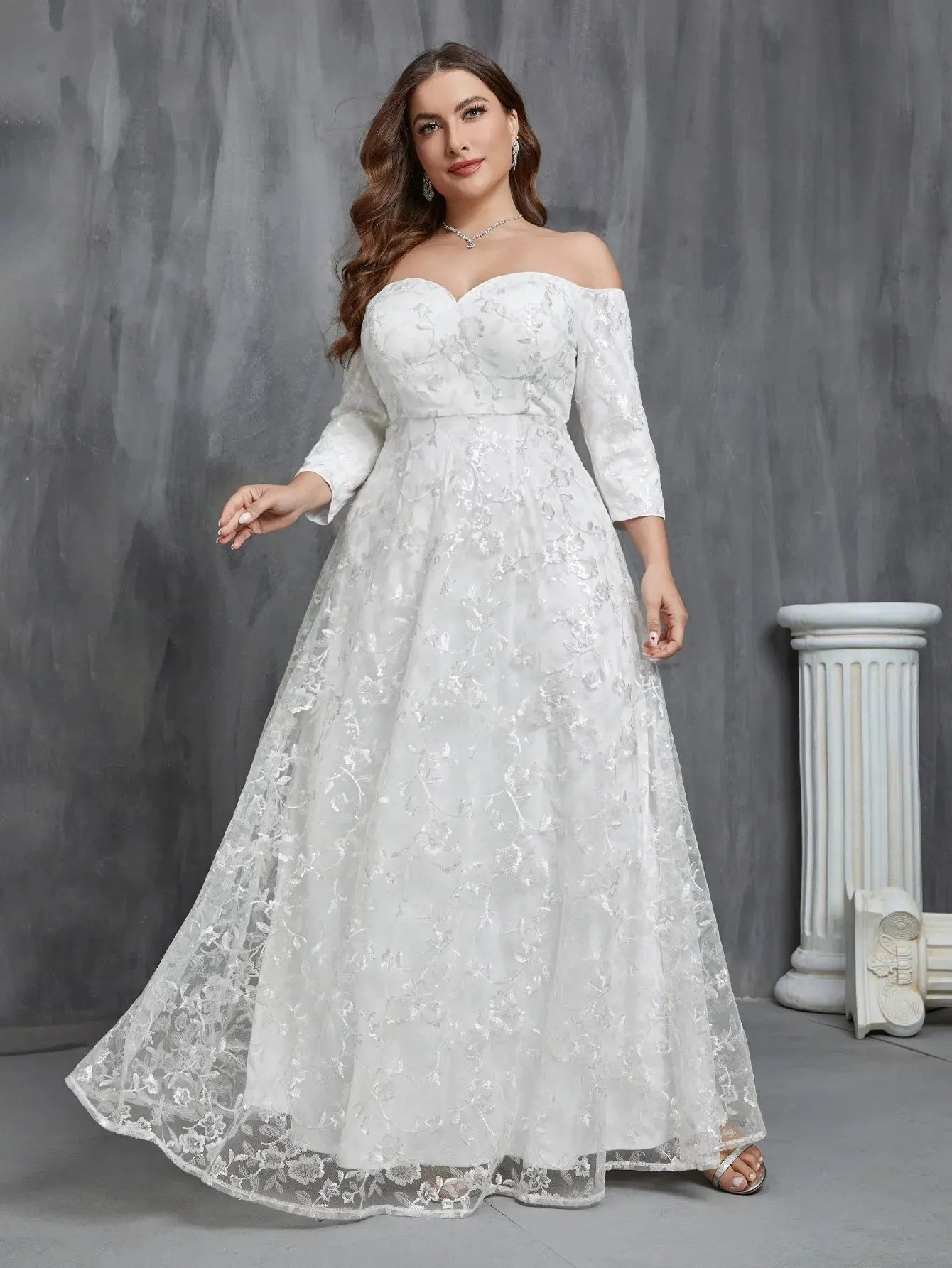 Plus Off Shoulder 3/4 Sleeves Sequin Wedding Dress