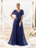 Womens' Elegant Lace Floor-Length Gown with V-Neck & Ruffle Sleeves – Elegant Floral Accents, Deep V-Back Design for Beach Weddings & Formal Evening Events