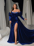 Plus Velvet Evening Gown: Off-Shoulder Mermaid Dress with Puffed Sleeves and Rhinestones